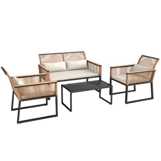 Outsunny Conjunto De Jardín Exterior De 4 Piezas De Ratán Natural Y Crema_0