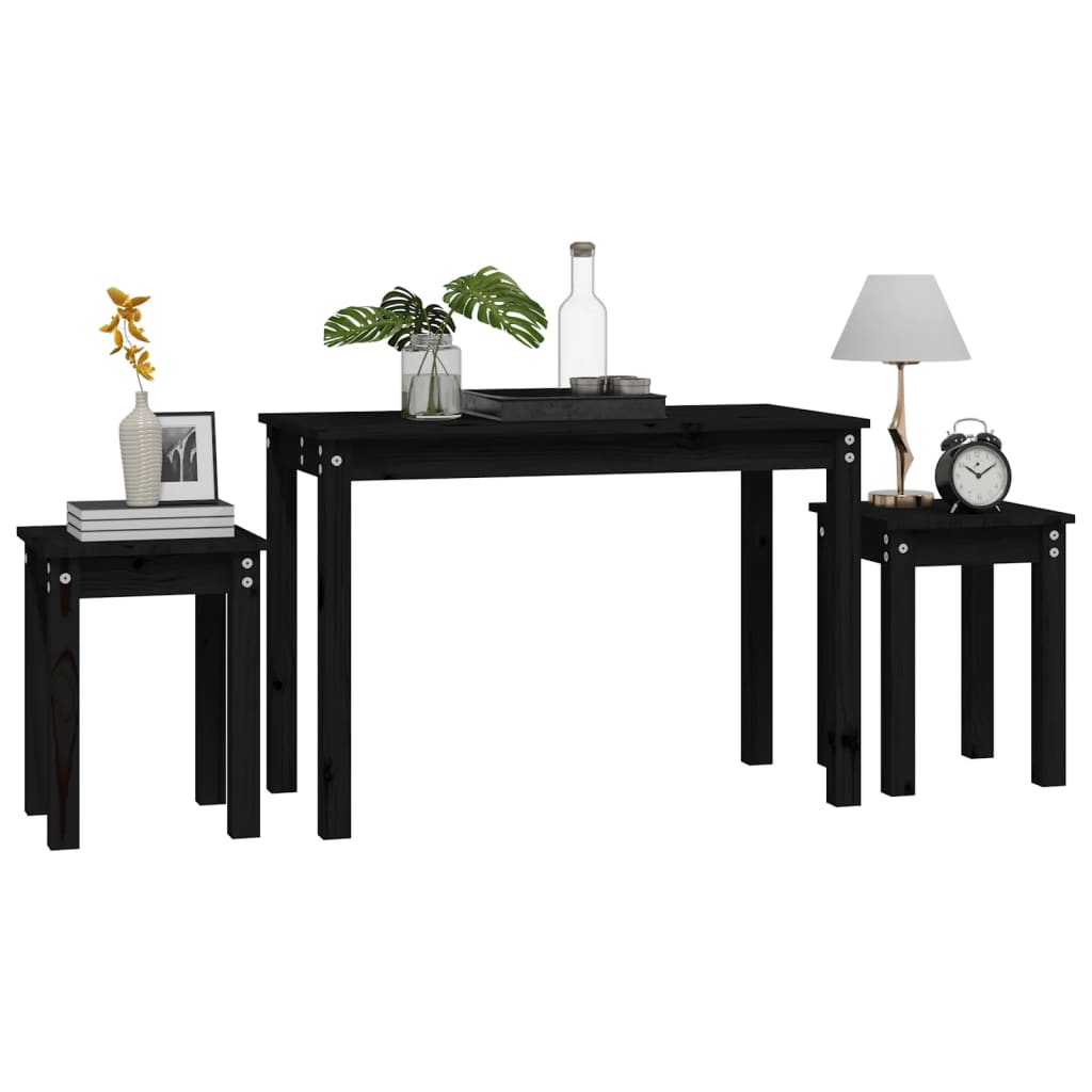 Mesas Apilables 3 Piezas Madera Maciza De Pino Negro_2