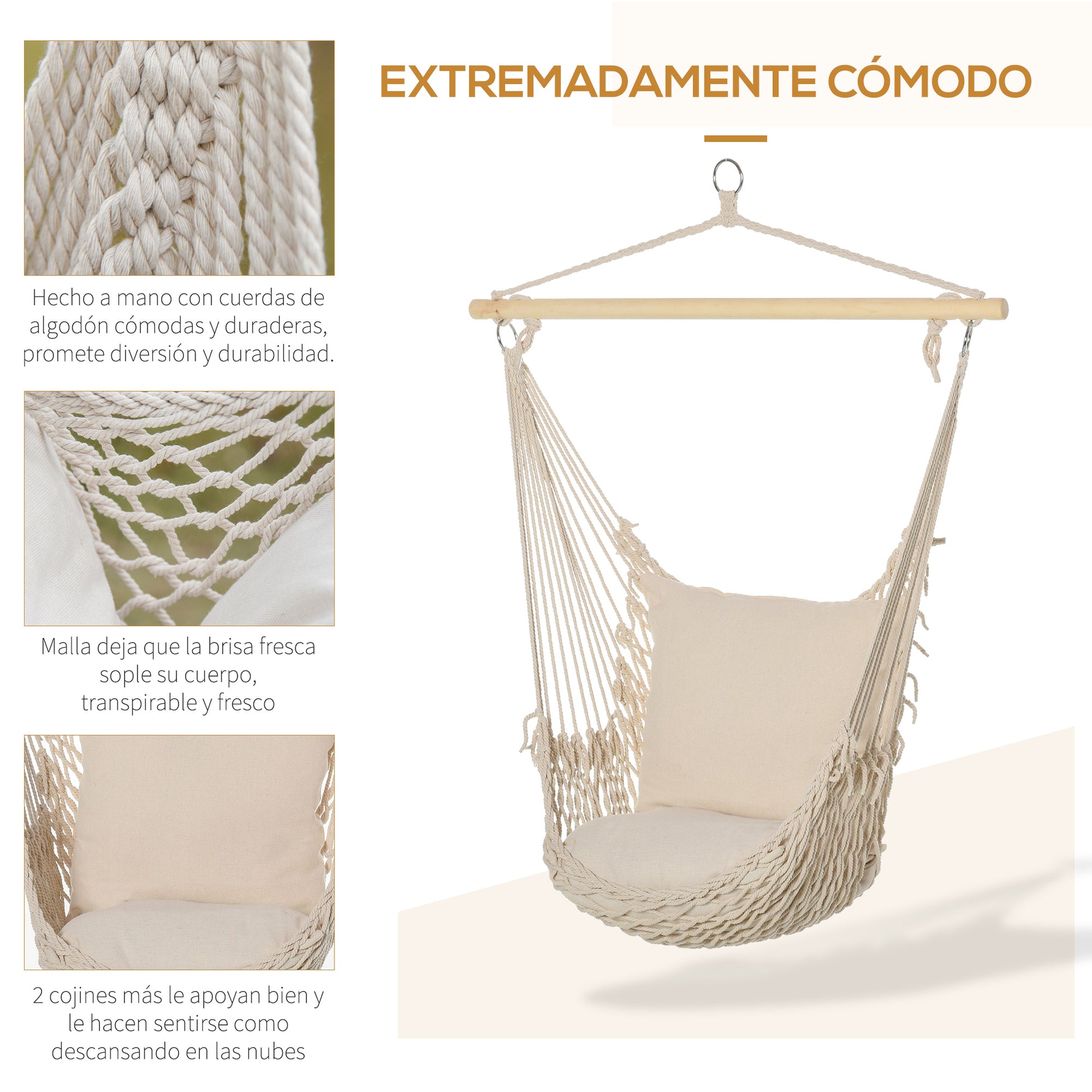 Outsunny Silla Colgante Con 2 Cojines Barra De Madera Carga 120 Kg Crema_3