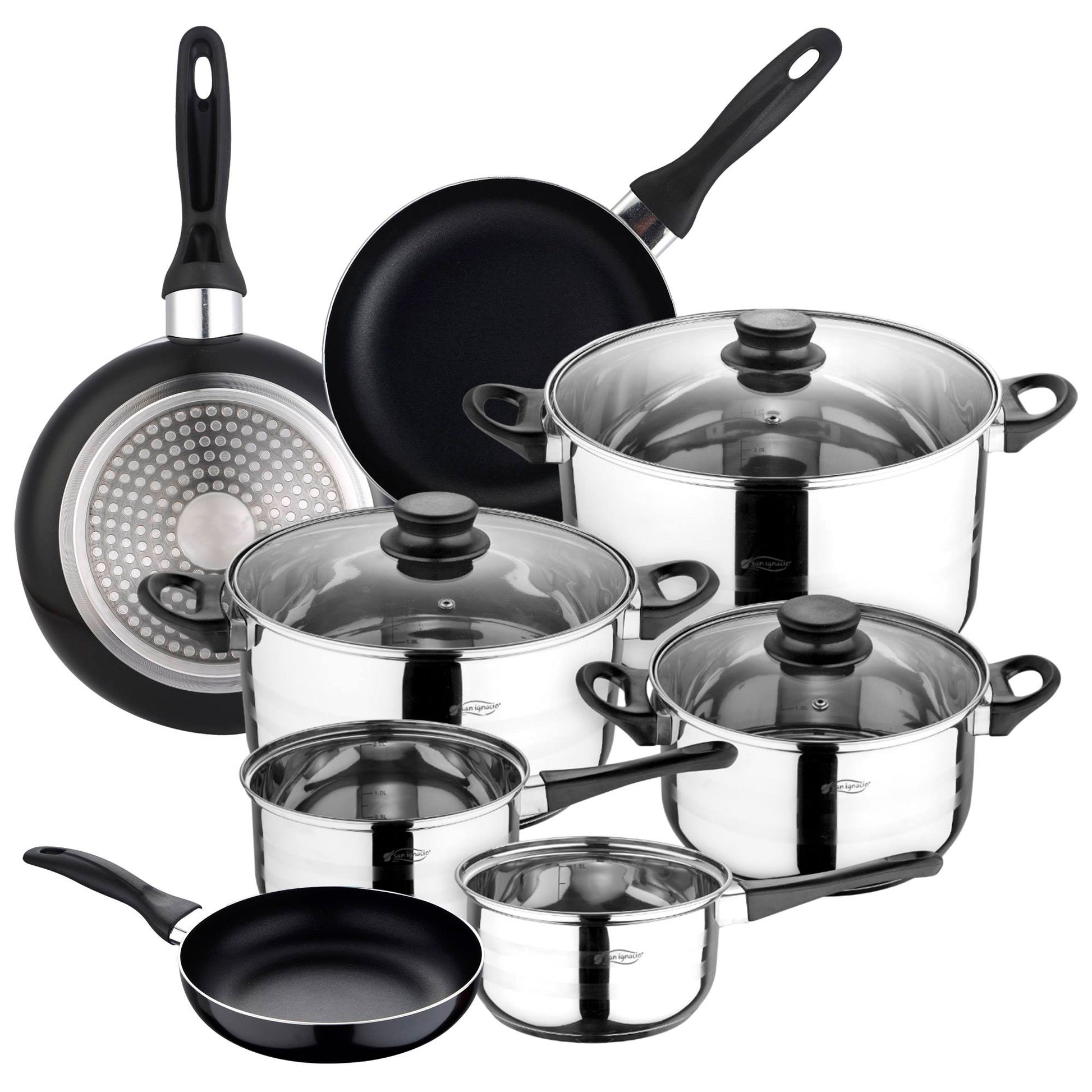 Set De 3 Sartenes Ø16ø20ø24 Aluminio Prensado + Batería De Cocina 8pzs Acero Inoxidable