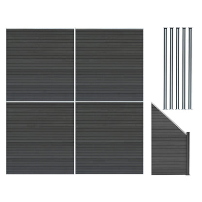 Vallas Para Exteriores De Wpc Y Aluminio - 4x Paneles Cuadrados + 1x Oblicuo + 5x Postes Con Led | Gris_0