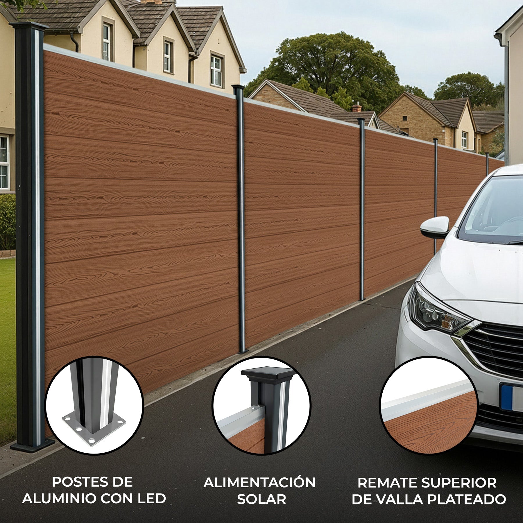 Vallas Para Exteriores De Wpc Y Aluminio - 5x Paneles Cuadrados + 1x Oblicuo + 6x Postes Con Led | Marrón_1