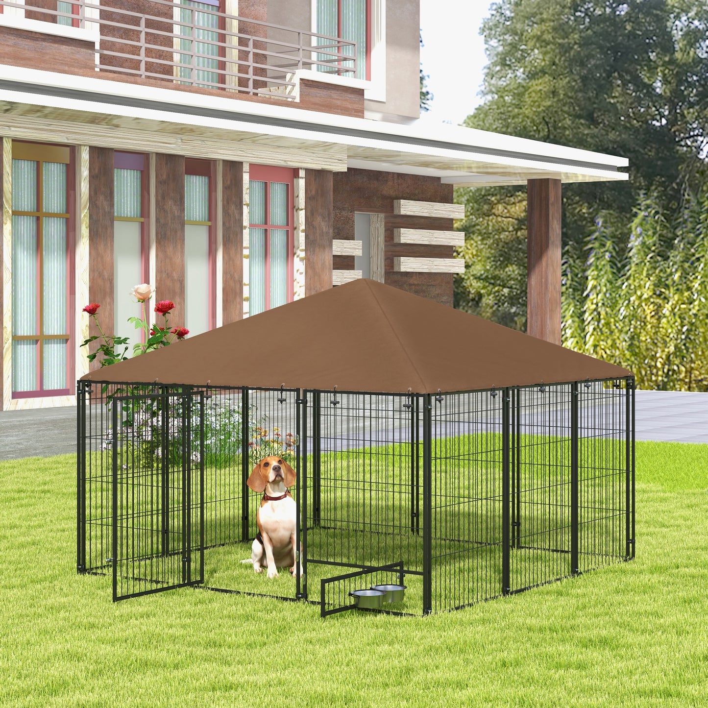 Pawhut Perrera Con Toldo Y 2 Cuencos Para Exterior 211x211x151 Cm Negro Y Café_1
