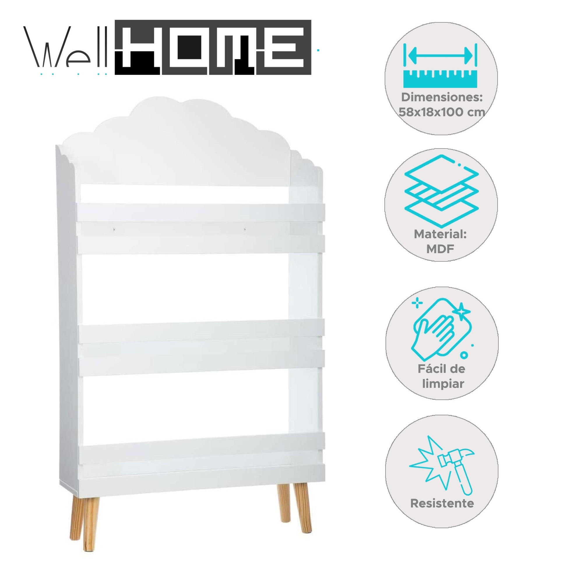 Well Home - Biblioteca De Madera Con 3 Estantes En Color Blanco Y Diseño De Nube H.100cm