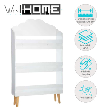 Well Home - Biblioteca De Madera Con 3 Estantes En Color Blanco Y Diseño De Nube H.100cm