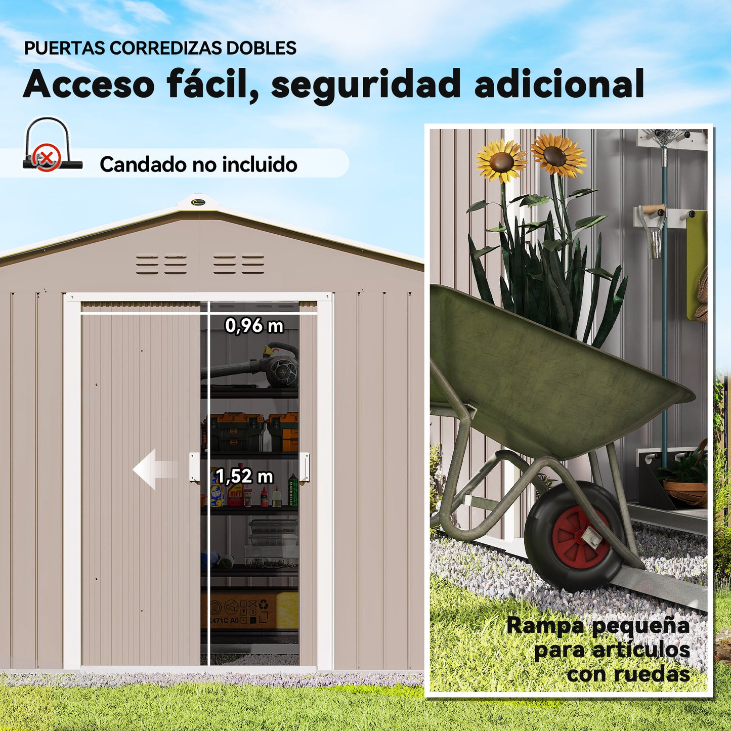 Outsunny Caseta De Jardín 4,9 M² 277x195x192 Cm Con Puerta Corredera Gris Claro_5