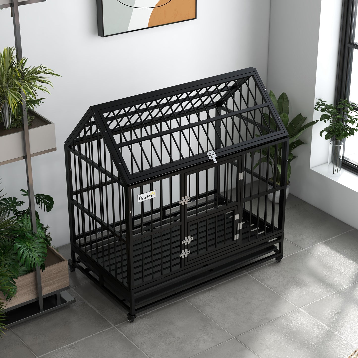 Pawhut Jaula Para Perros Grandes 123x74x125 Cm Con Ruedas Puertas Negro_3