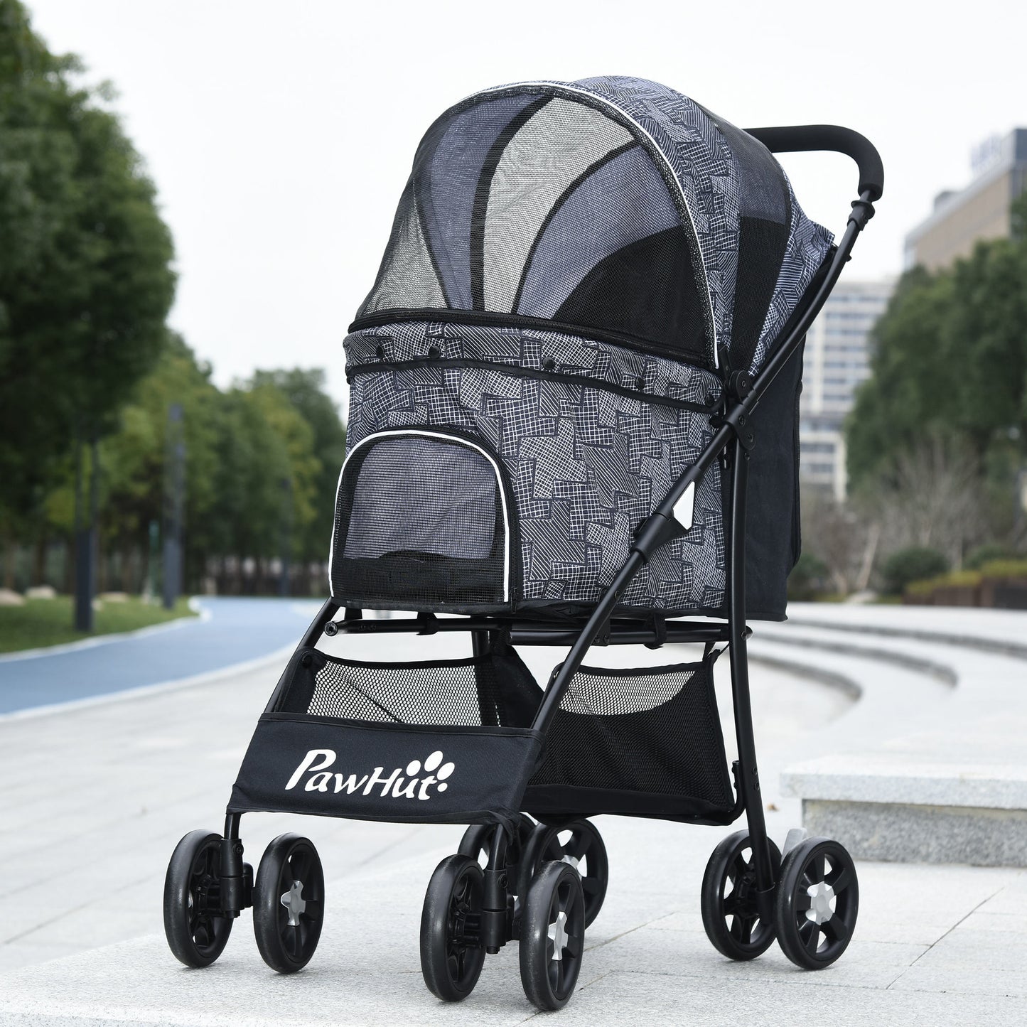 Pawhut Carrito Para Perros Plegable Con Cesta Capota Ajustable Y Ruedas Gris_1