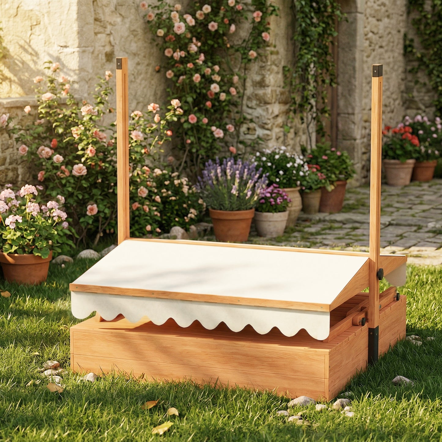 Aiyaplay Arenero Para Niños De Madera Con Toldo Ajustable Mesa Con Bancos Marrón_4