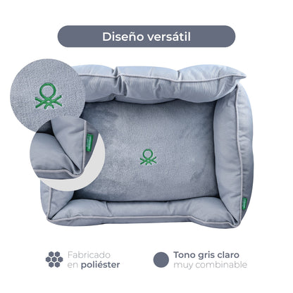 Cama Para Mascota 65x50x20cm Gris + Comedero Doble De Acero En Bambú