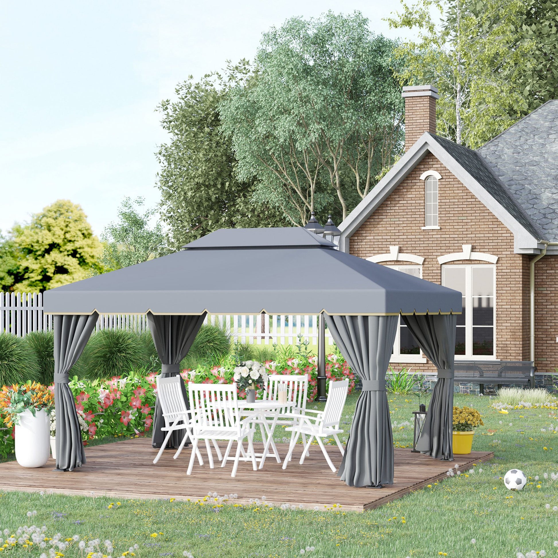Outsunny Cenador De Jardín 4x3 M Con Doble Techo 4 Cortinas 4 Mosquiteras Gris_1