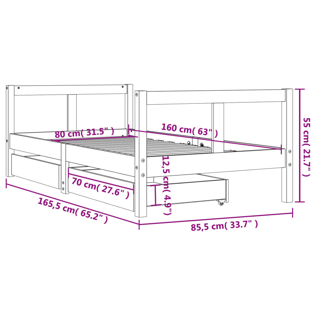 Vidaxl Estructura Cama Infantil Y Cajones Madera Pino Blanco 80x160 Cm_2