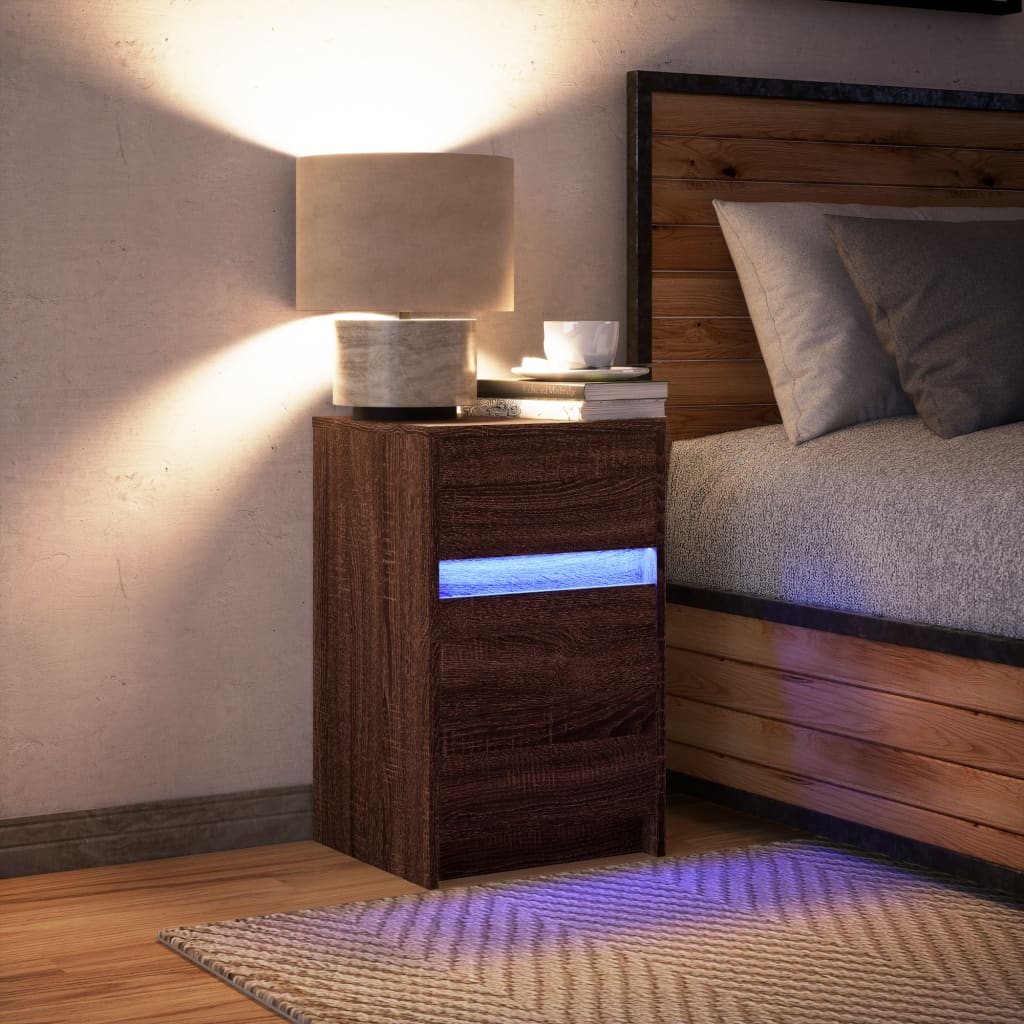 Mesita De Noche Con Luces Led Madera De Ingeniería Roble Marrón_3
