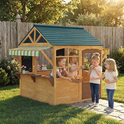 Aiyaplay Casita Infantil Exterior De Madera Con 2 Pizarras Ventanas Natural_1