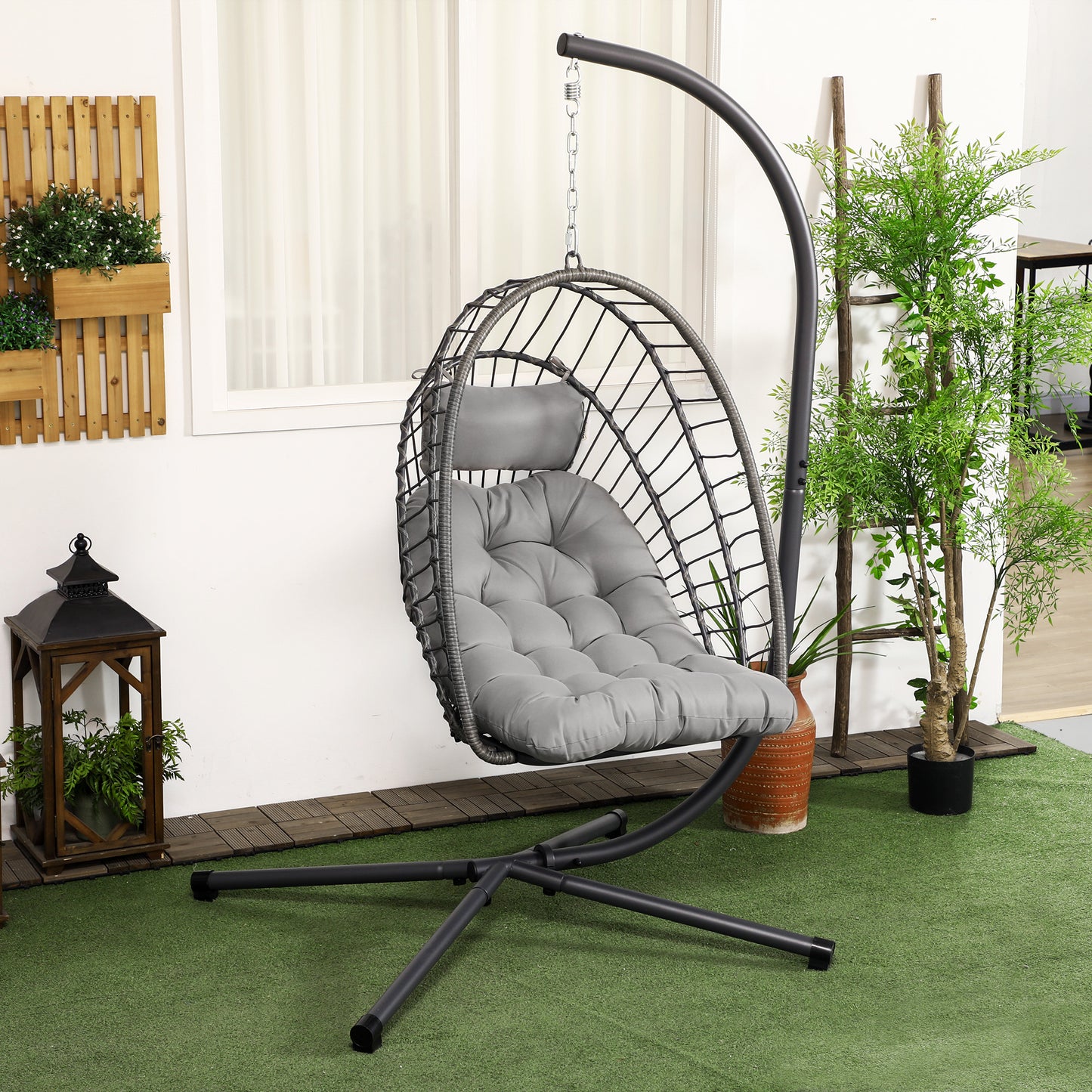 Outsunny Silla Colgante De Ratán Con Cojín Reposacabezas Gris Oscuro_1
