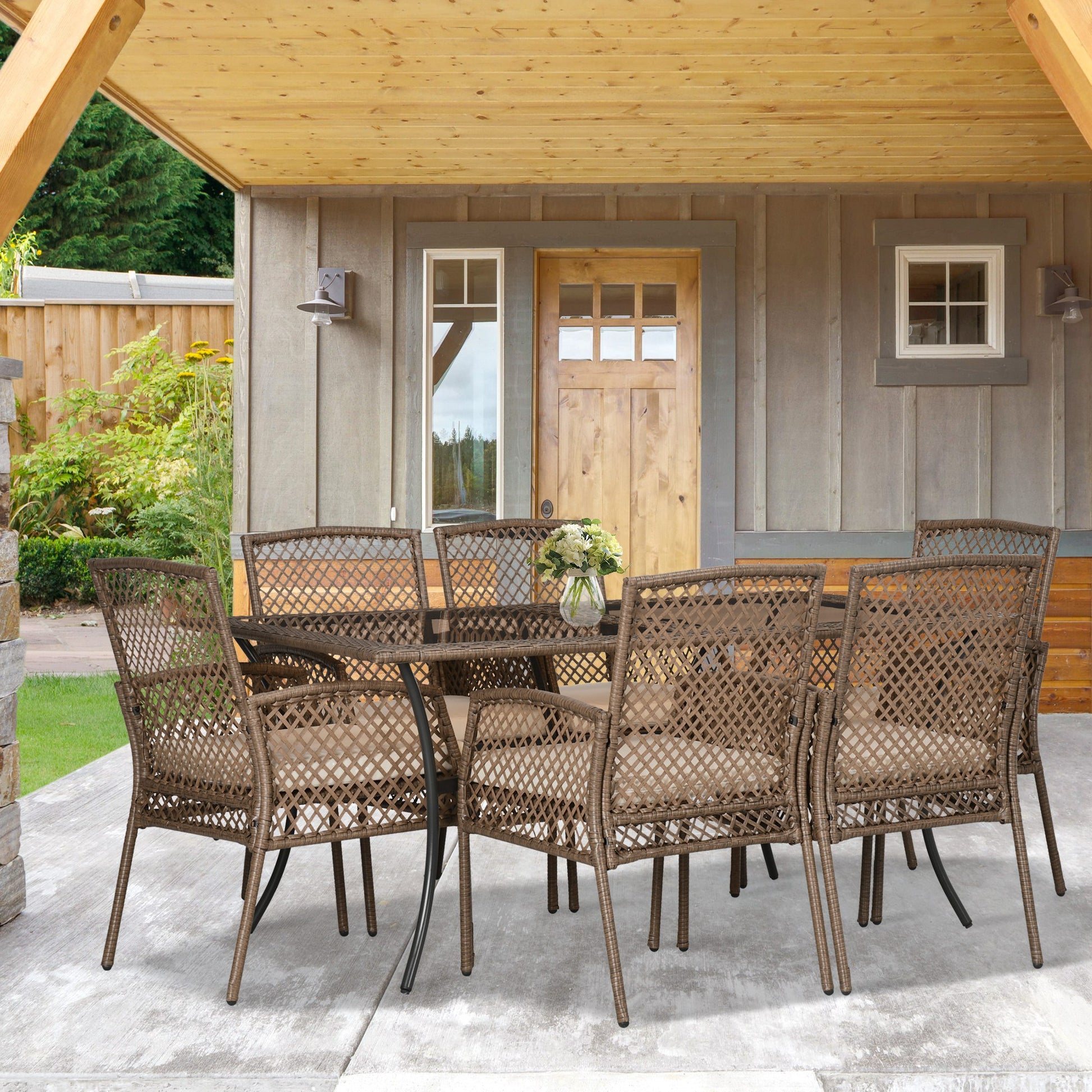 Outsunny Conjunto De Muebles De Jardín De Ratán Incluye 6 Sillas Y Mesa Marrón_1