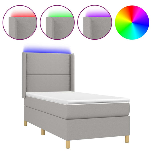 Cama Box Spring Colchón Y Luces Led Tela Gris Claro 90x190 Cm / Vetonek_0
