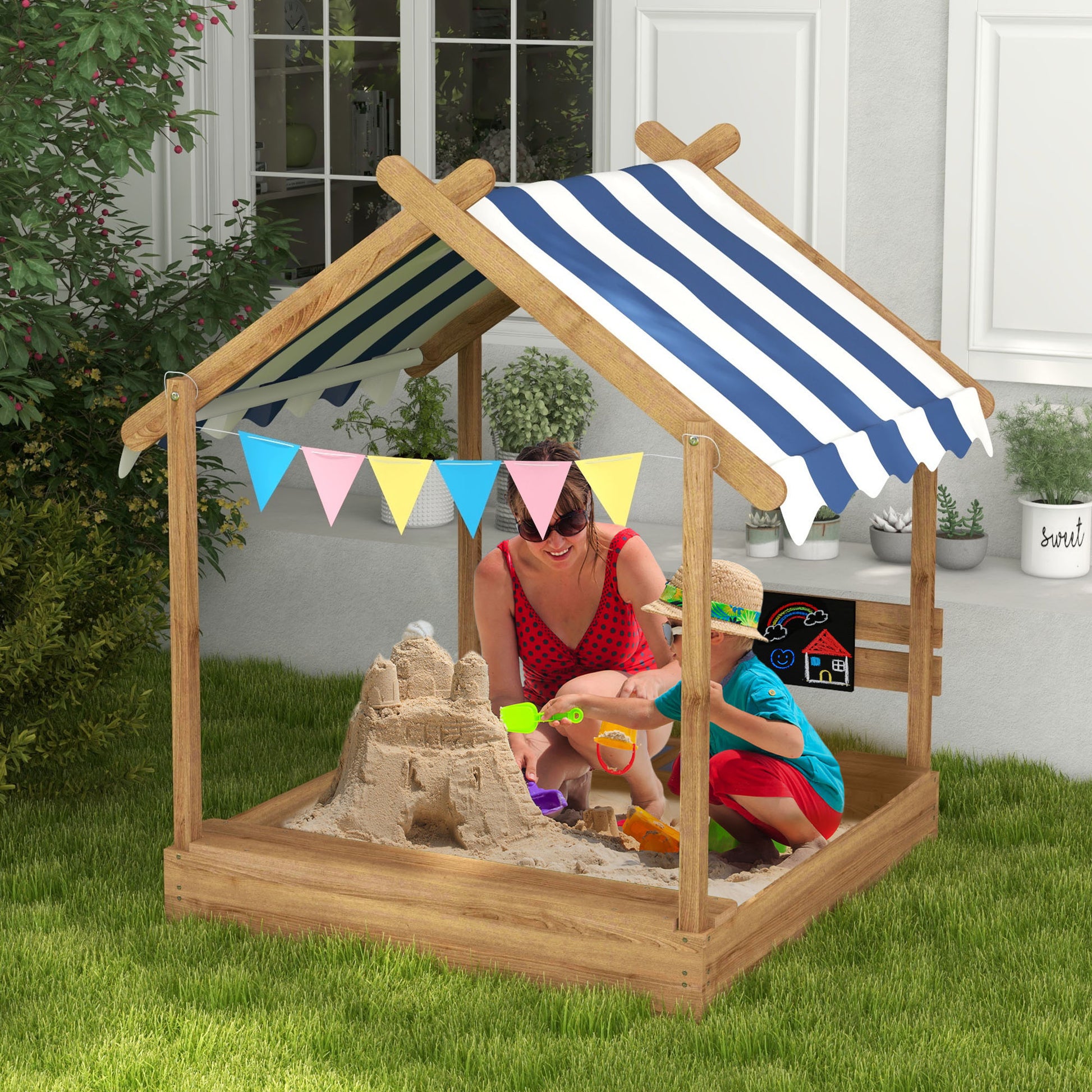 Outsunny Arenero Para Niños De Madera Con Toldo 124x116x146 Cm Marrón_1