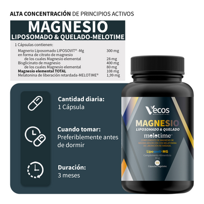 Magnesio Liposomado + Bisglicinato Vecos 90 Cápsulas | Sueño Potente Y Duradero | Melatonina De Liberación Prolongada_2