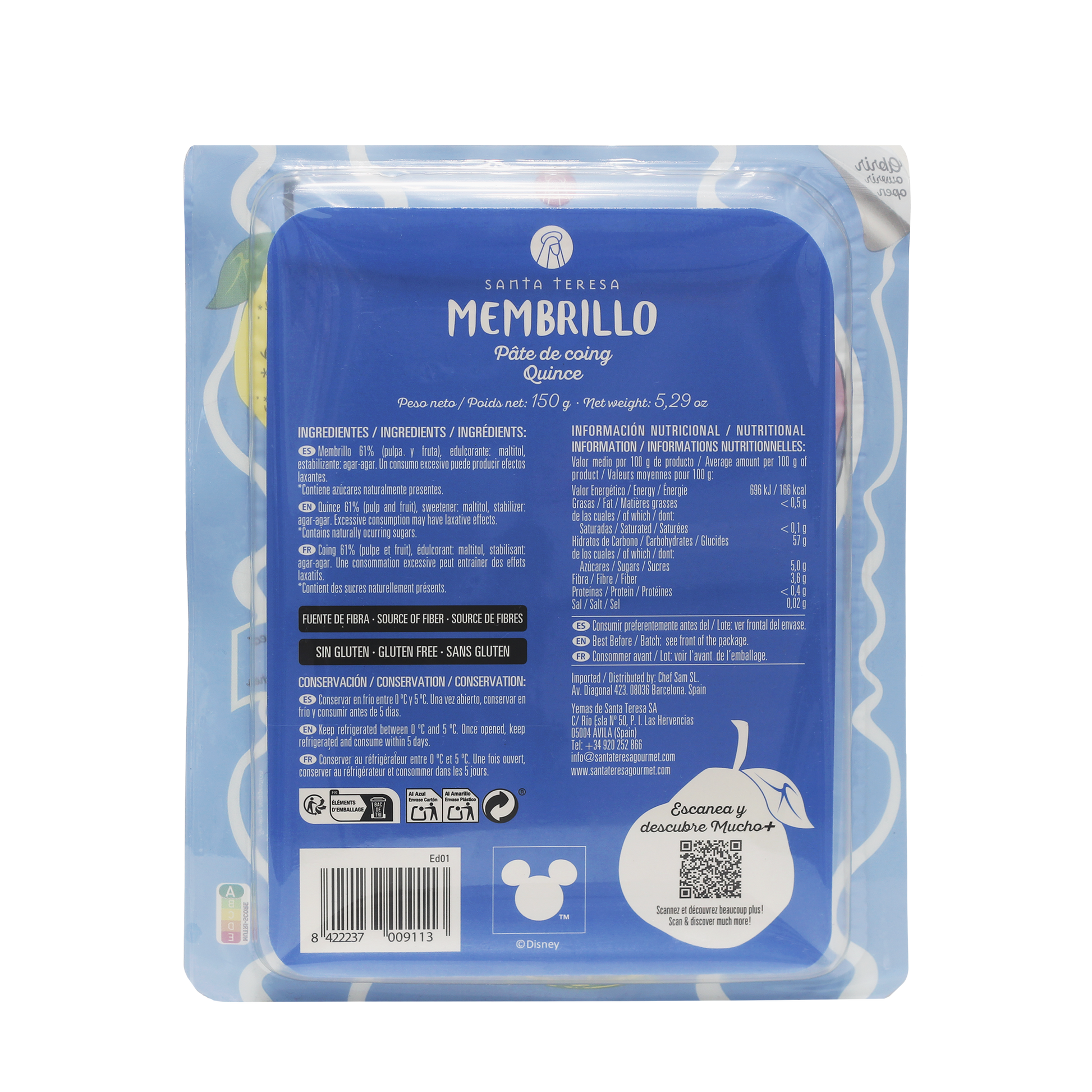 Santa Teresa - Membrillo En Lonchas Sin Azúcar Disney. 100% Natural. Sin Gluten. 150g