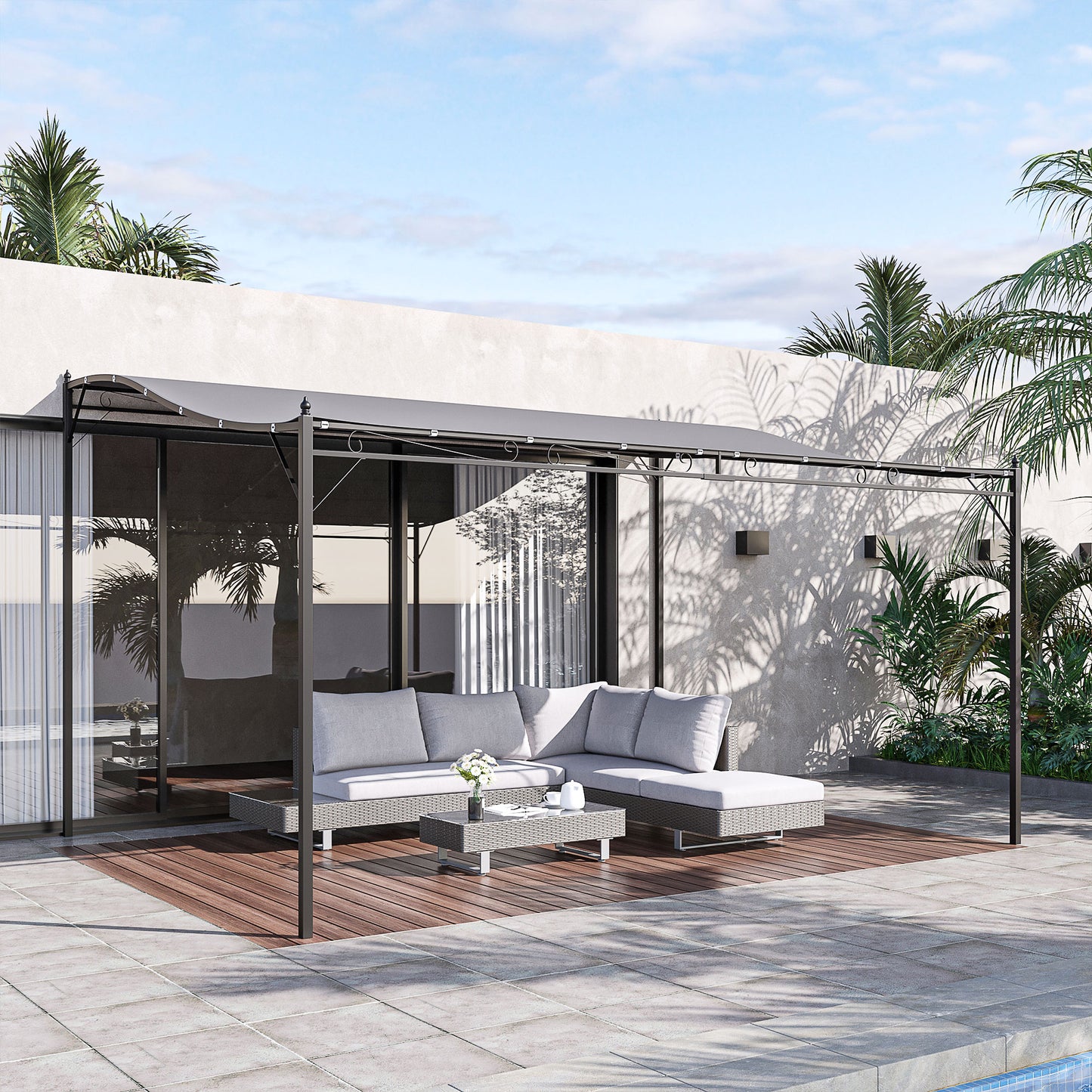 Outsunny Pérgola De Jardín 4x3 M Montado En Pared Con Toldo Y 16 Orificios Gris_1