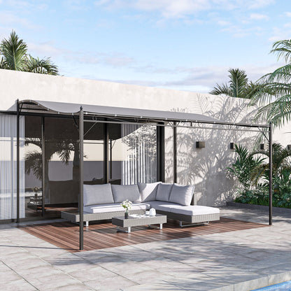 Outsunny Pérgola De Jardín 4x3 M Montado En Pared Con Toldo Y 16 Orificios Gris_1