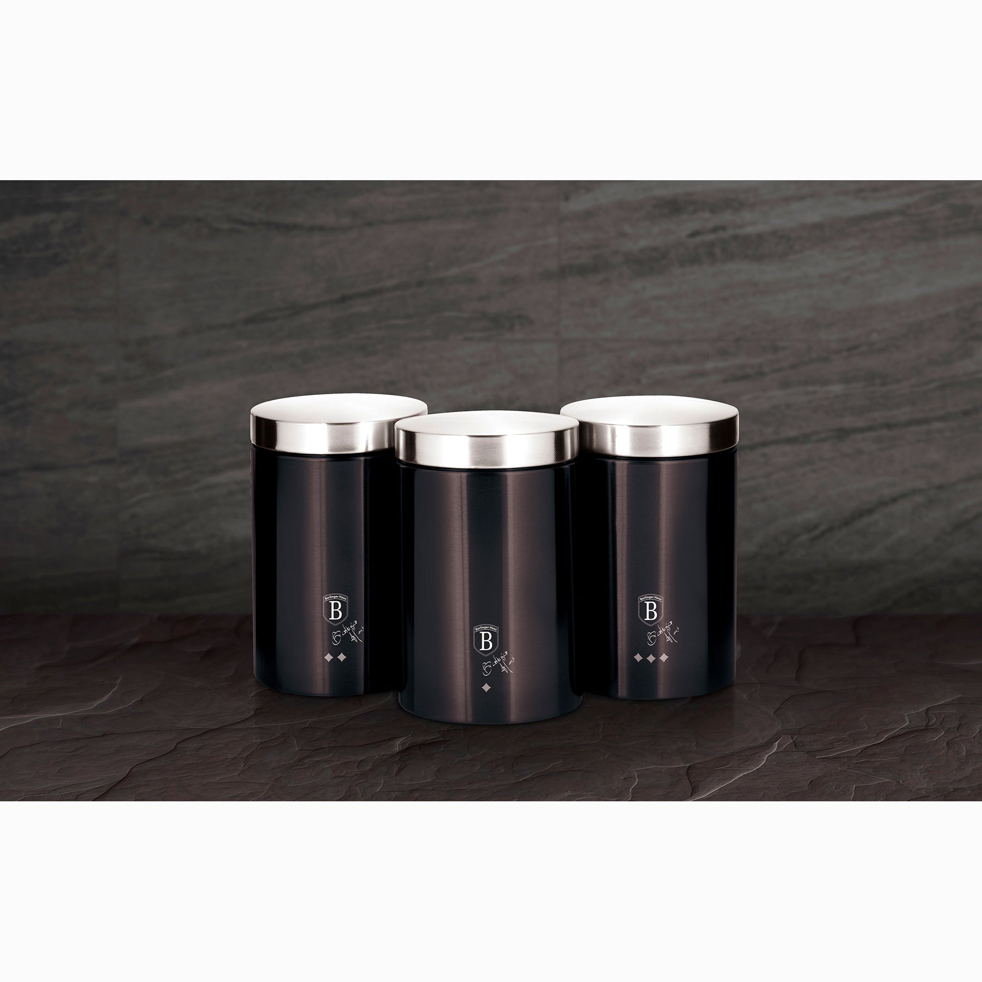 Set 3 Botes Cocina Almacenaje Acero Inoxidable, Diseño Moderno, Ø11x17,8cm Especias, Té ,café Berlinger Haus Carbon Pro, Gris Oscuro