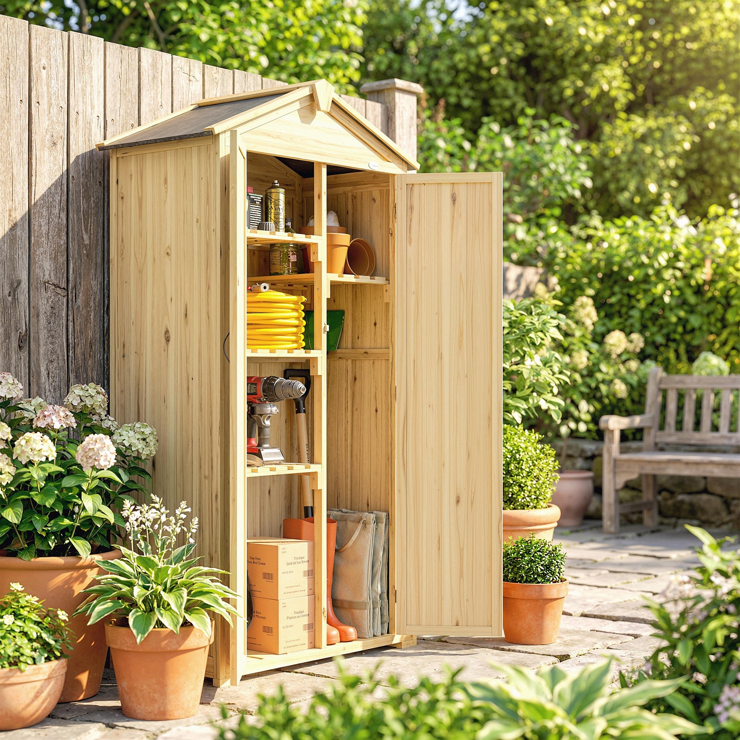 Outsunny Caseta De Jardín De Madera 93x53x168 Cm Con 4 Estantes Y 3 Puertas_4