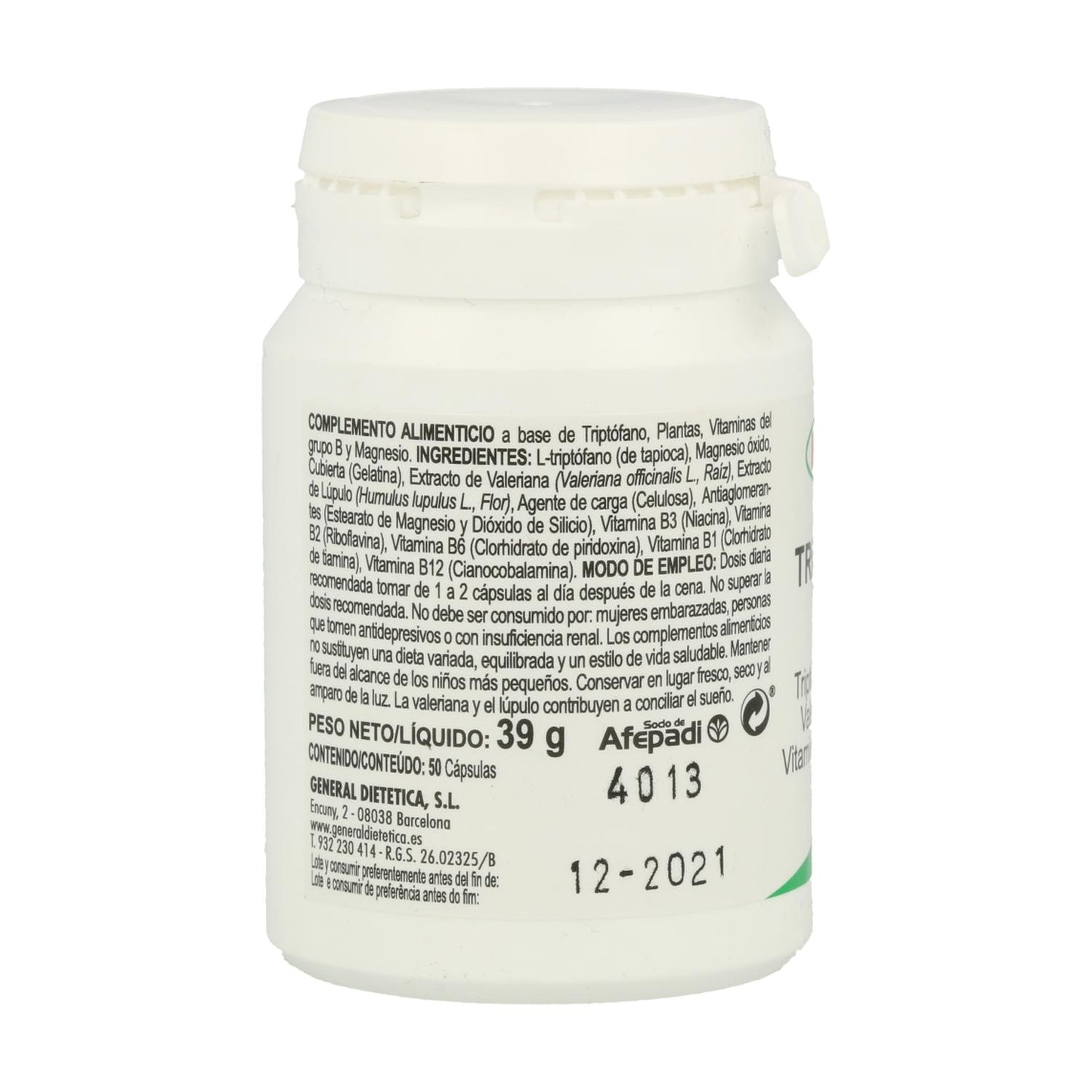 Triptófano Plus con Magnesio, Valeriana y Vitaminas B Integralia, 50 cápsulas