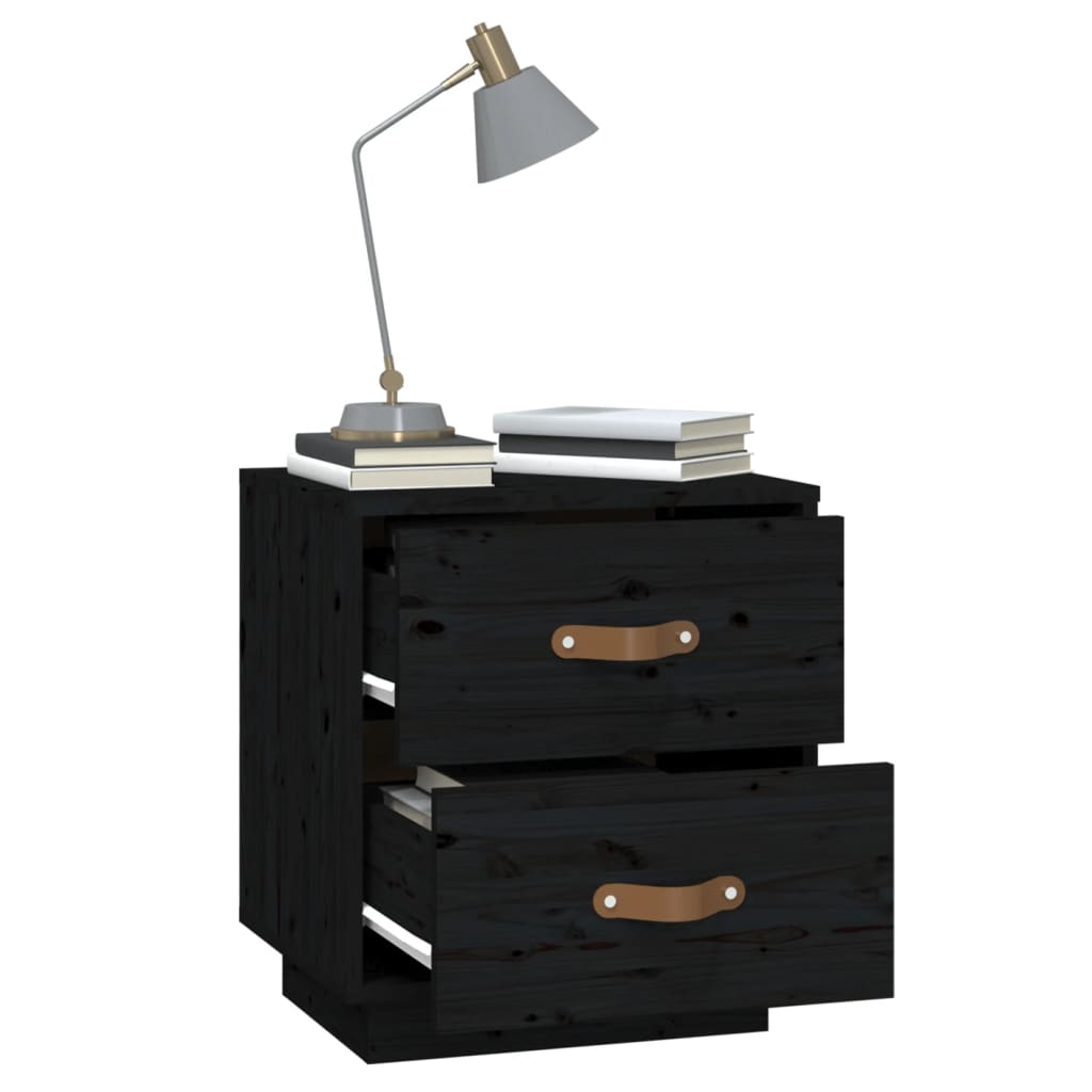 Mesita De Noche Madera Maciza De Pino Negro 40x34x45 Cm_2