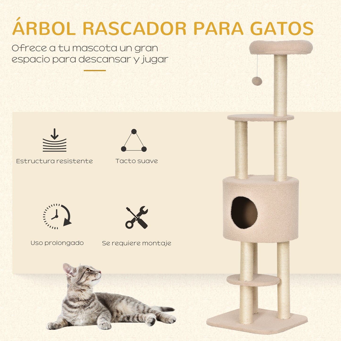 Pawhut Árbol Para Gatos Altura 148 Cm Con Postes De Sisal Y 3 Plataformas Beige_3