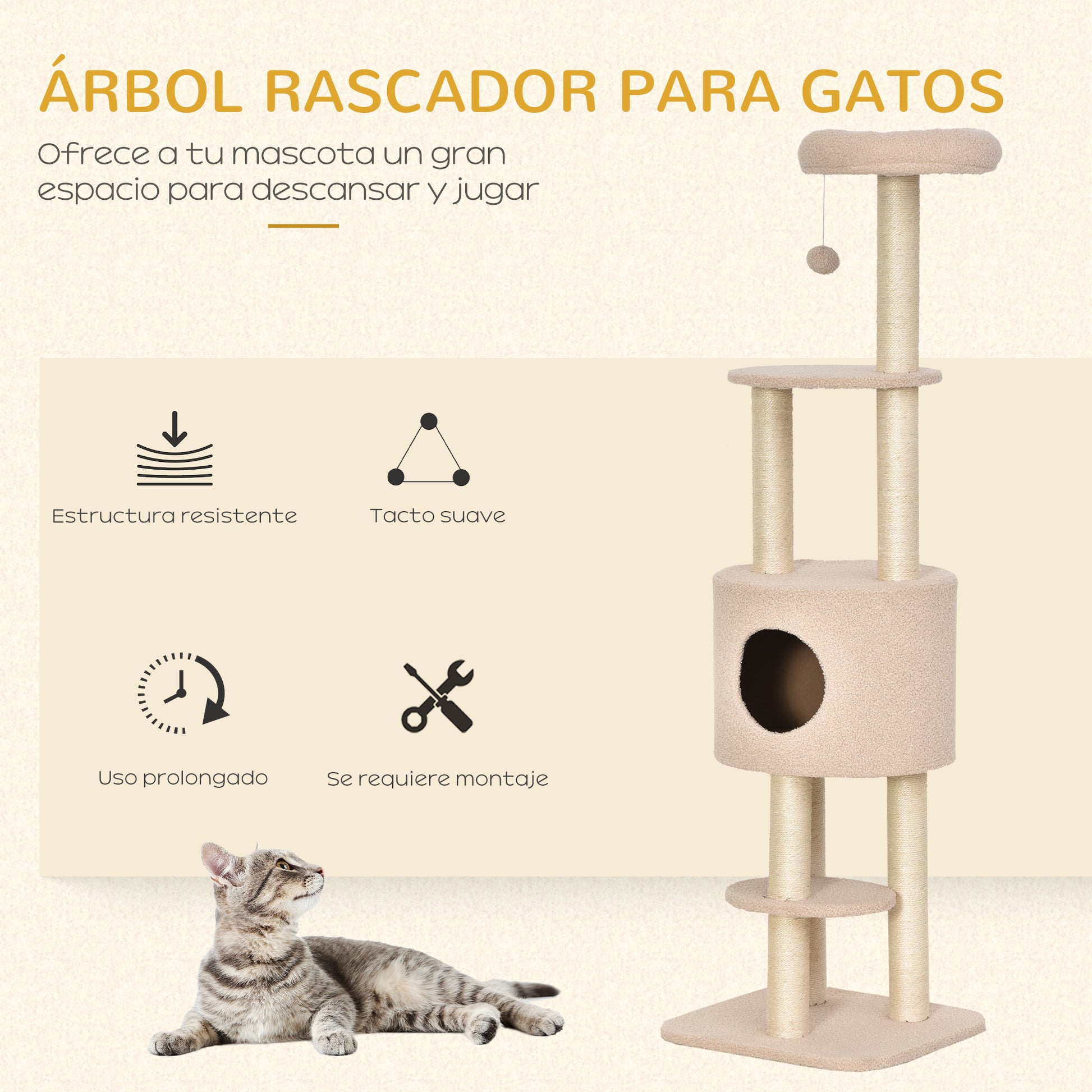 Pawhut Árbol Para Gatos Altura 148 Cm Con Postes De Sisal Y 3 Plataformas Beige_3