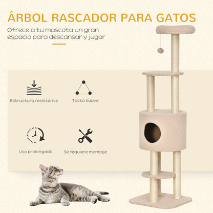 Pawhut Árbol Para Gatos Altura 148 Cm Con Postes De Sisal Y 3 Plataformas Beige_3