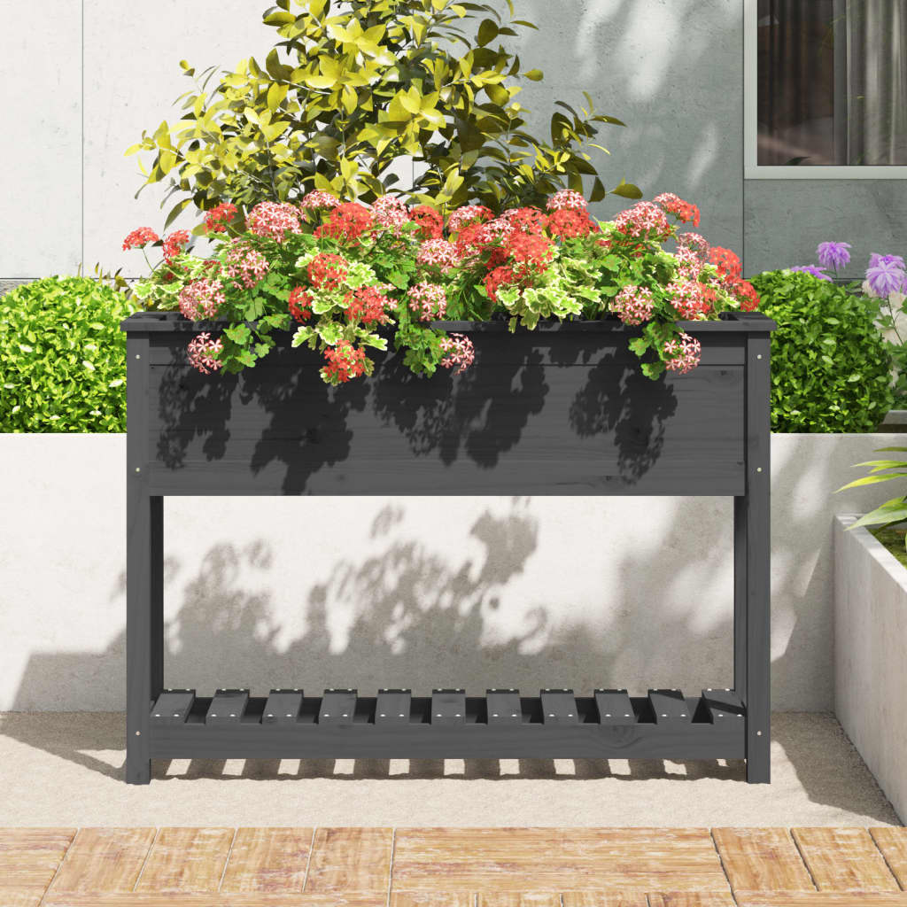 Jardinera Con Estante Madera Maciza Pino Gris 111,5x34,5x81 Cm_2