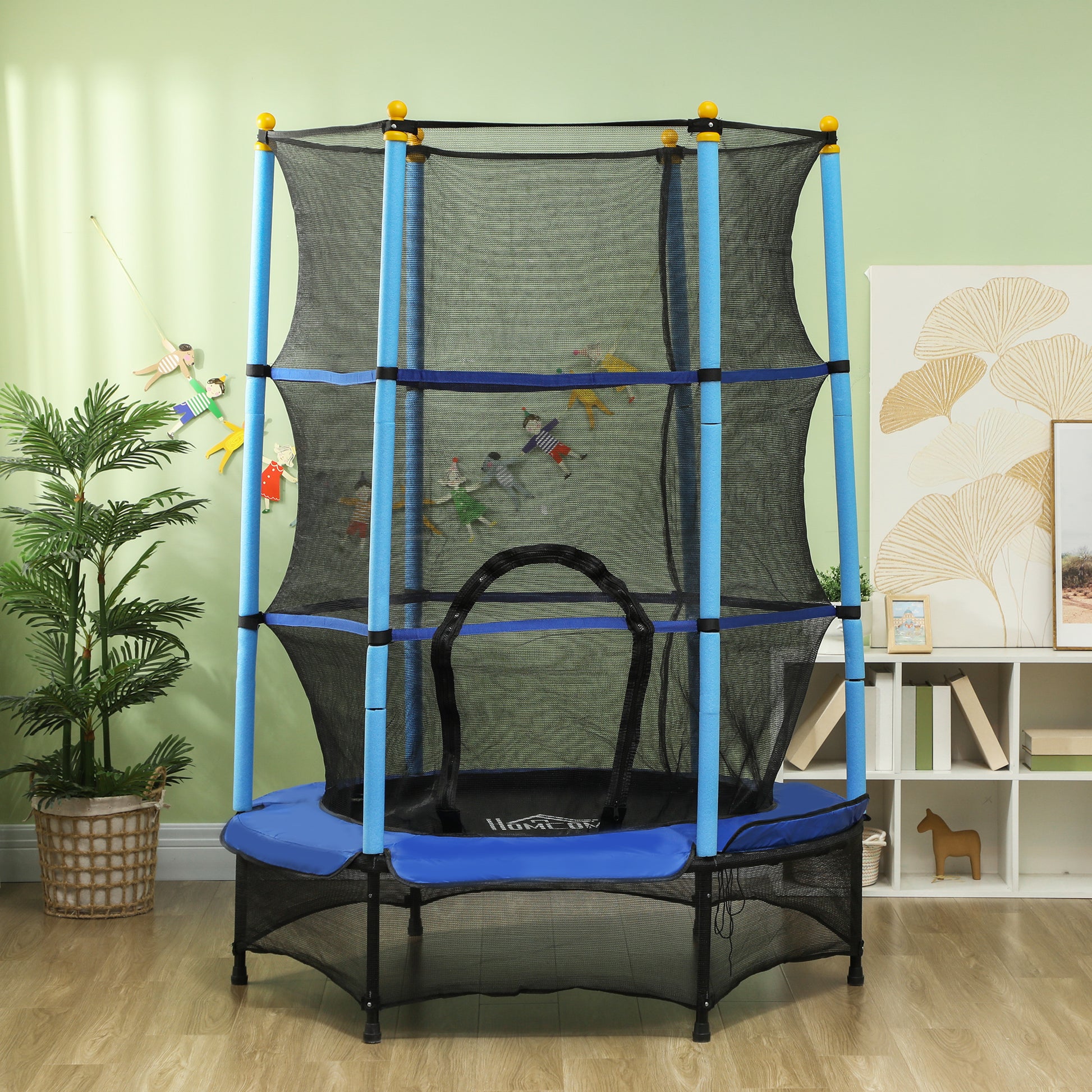 Homcom Cama Elástica Infantil Ø140 Cm Con Red De Seguridad Azul Y Negro_1