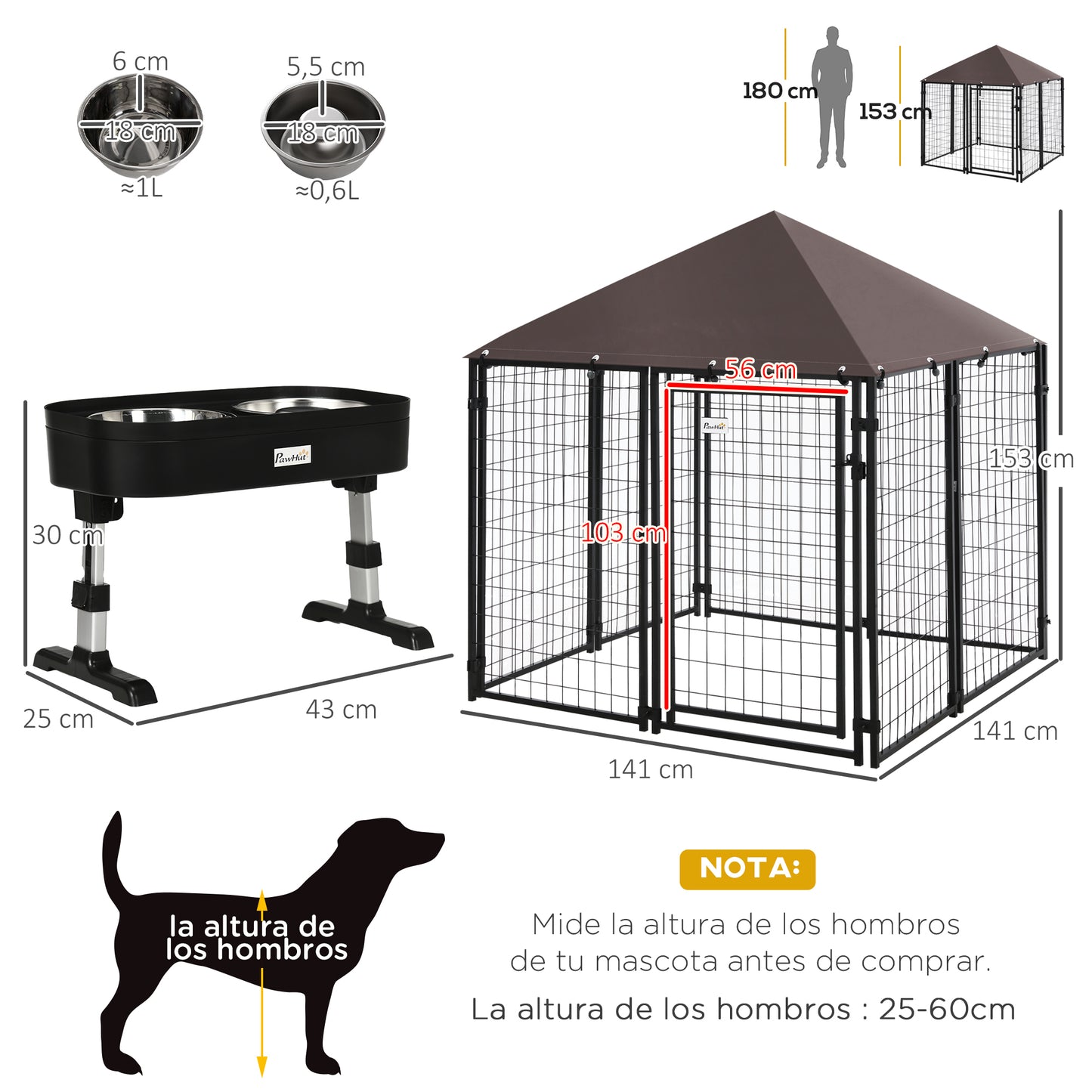 Pawhut Conjunto Para Mascotas 2 Piezas 141x141x153 Cm 43x25x30 Cm Negro_2