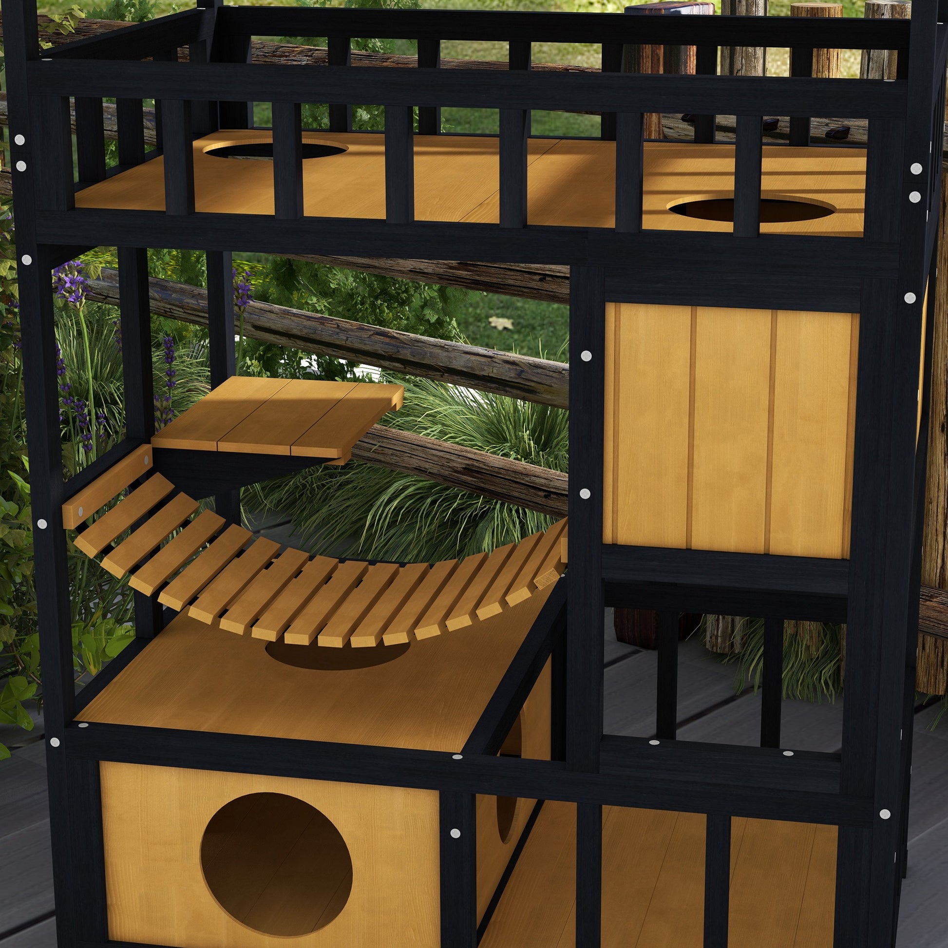 Pawhut Caseta Para Gatos De Madera 84x60x116 Cm Con Puente Colgante Natural_3