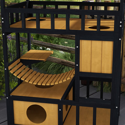 Pawhut Caseta Para Gatos De Madera 84x60x116 Cm Con Puente Colgante Natural_3