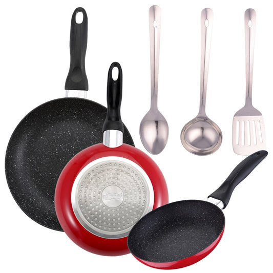 Pack De 3 Sartenes San Ignacio  Ø16cm Ø20cm Ø24cm + Set De 3pc Untensilios De Cocina En Acero Inoxidable