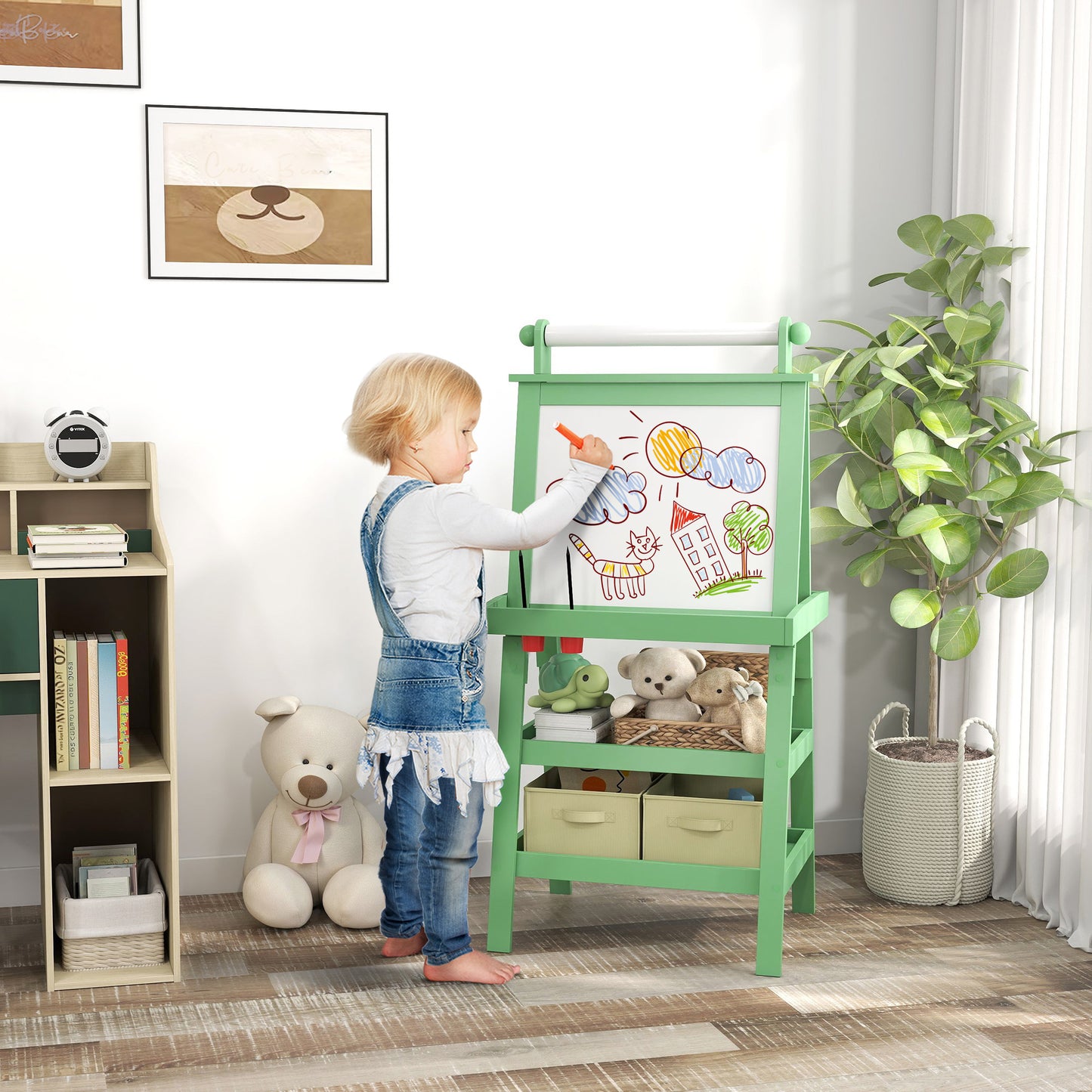 Aiyaplay Pizarra Infantil Caballete 3 En 1 Con Rollo De Papel Y Cestas Verde_1