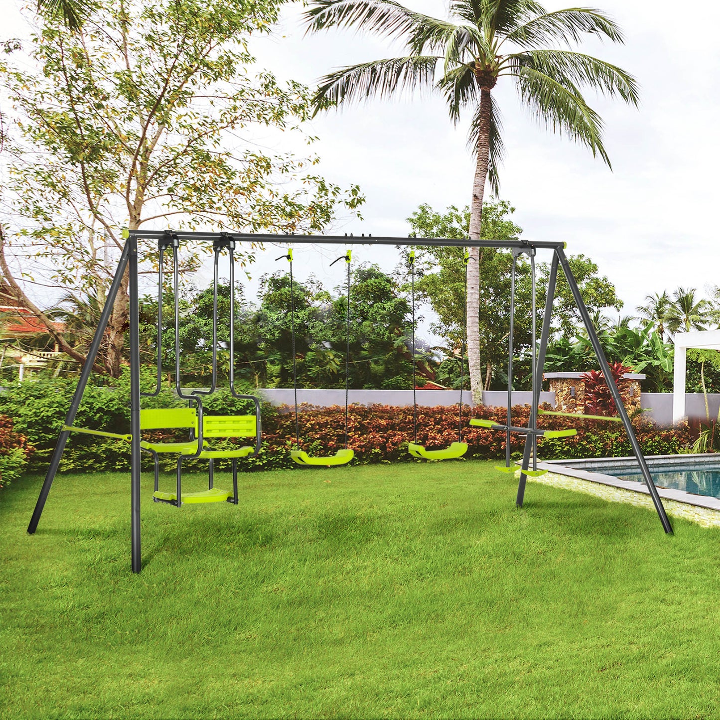 Outsunny Juego De Columpio Infantil Exterior Con 2 Columpios 355x184x186cm Verde_1