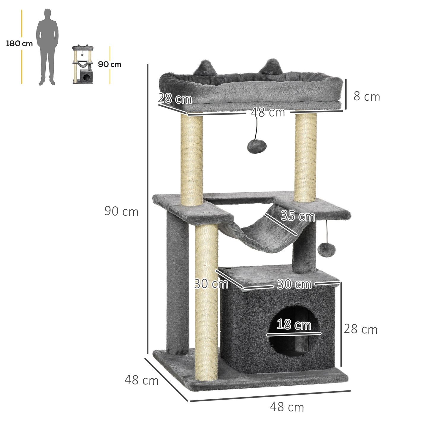 Pawhut Árbol Rascador Para Gatos Altura 90 Cm De 3 Niveles 48x48x90 Cm Gris_2