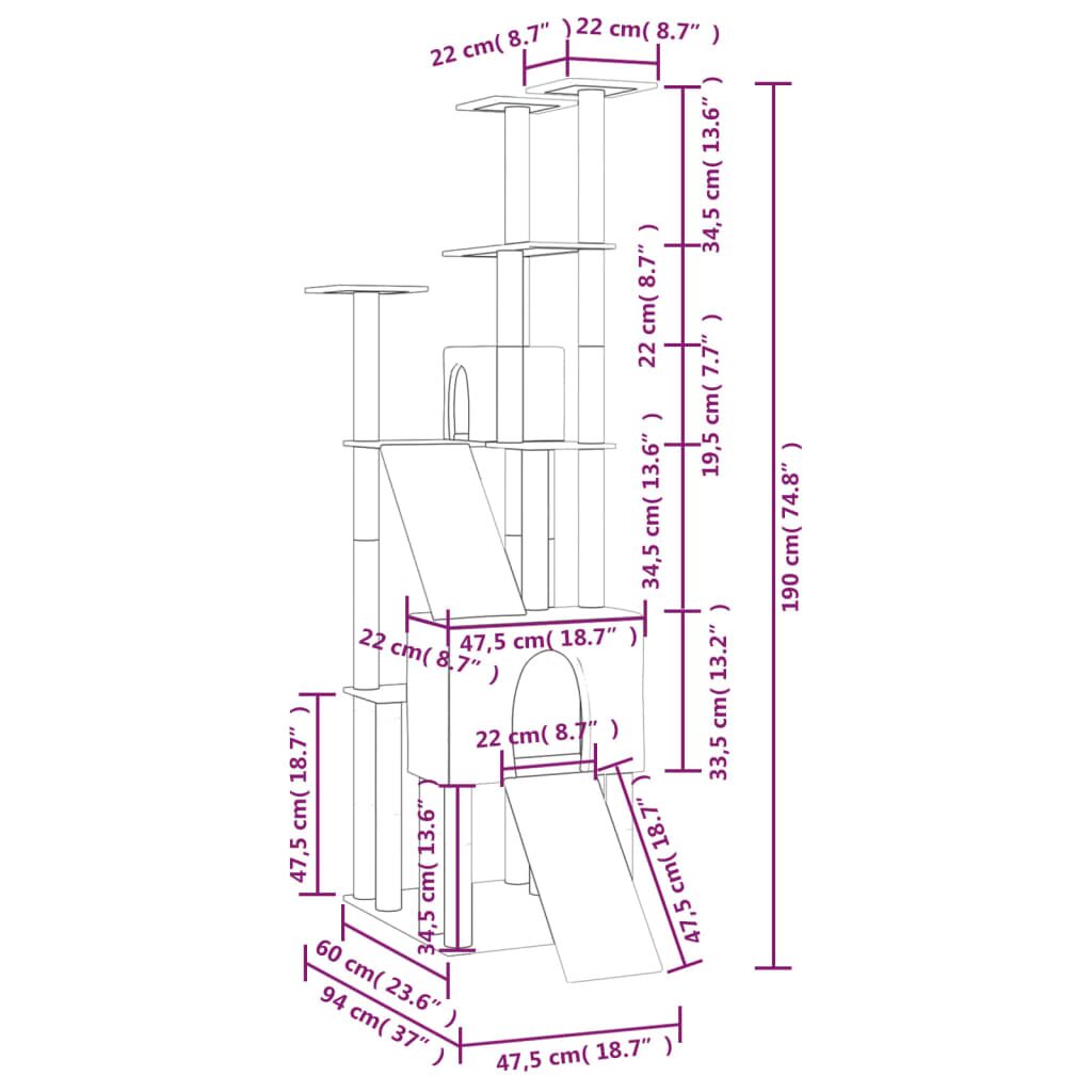 Vidaxl Rascador Para Gatos Con Postes De Sisal Gris Oscuro 190 Cm_2