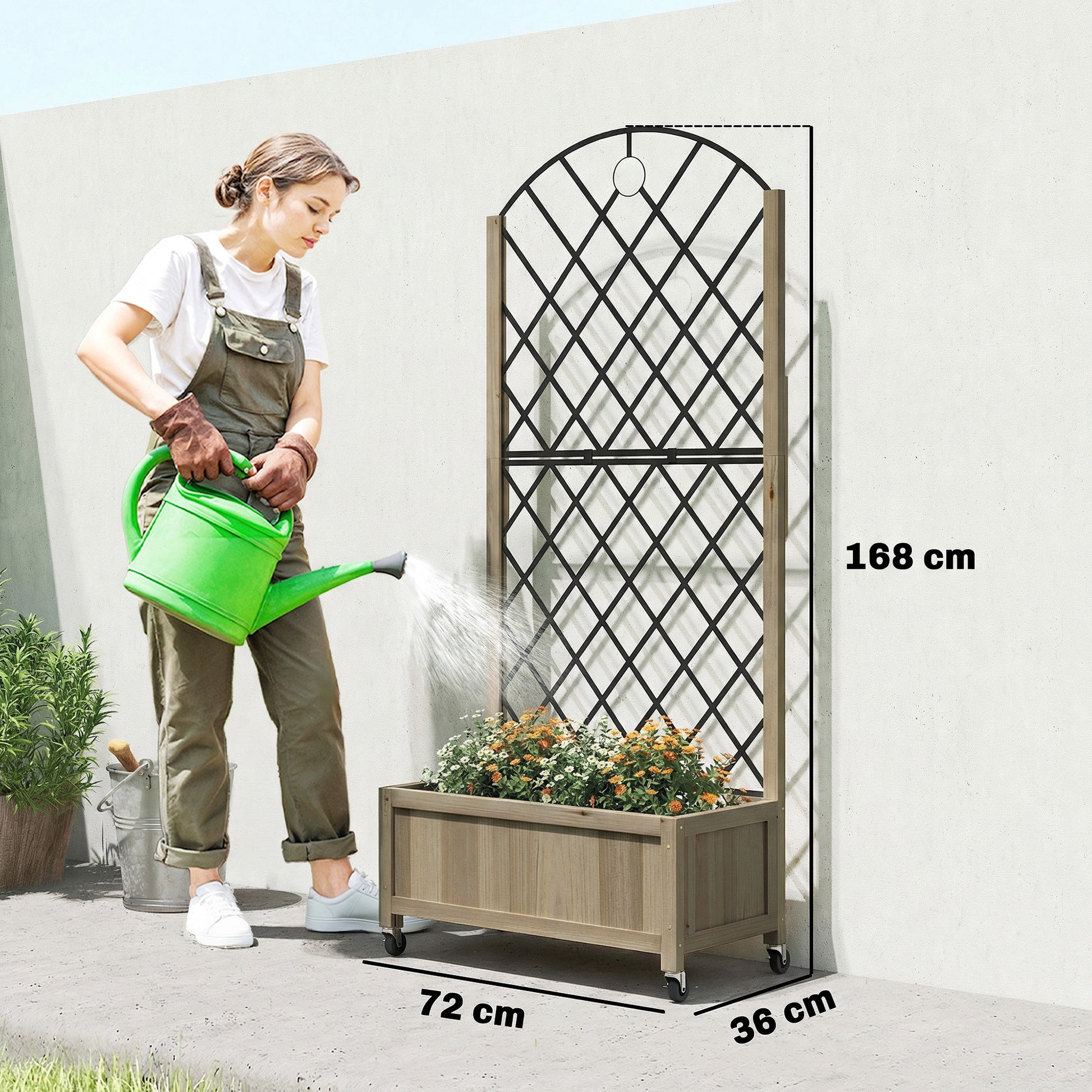 Outsunny Jardinera De Madera Con Enrejado Metálico Y Ruedas_2