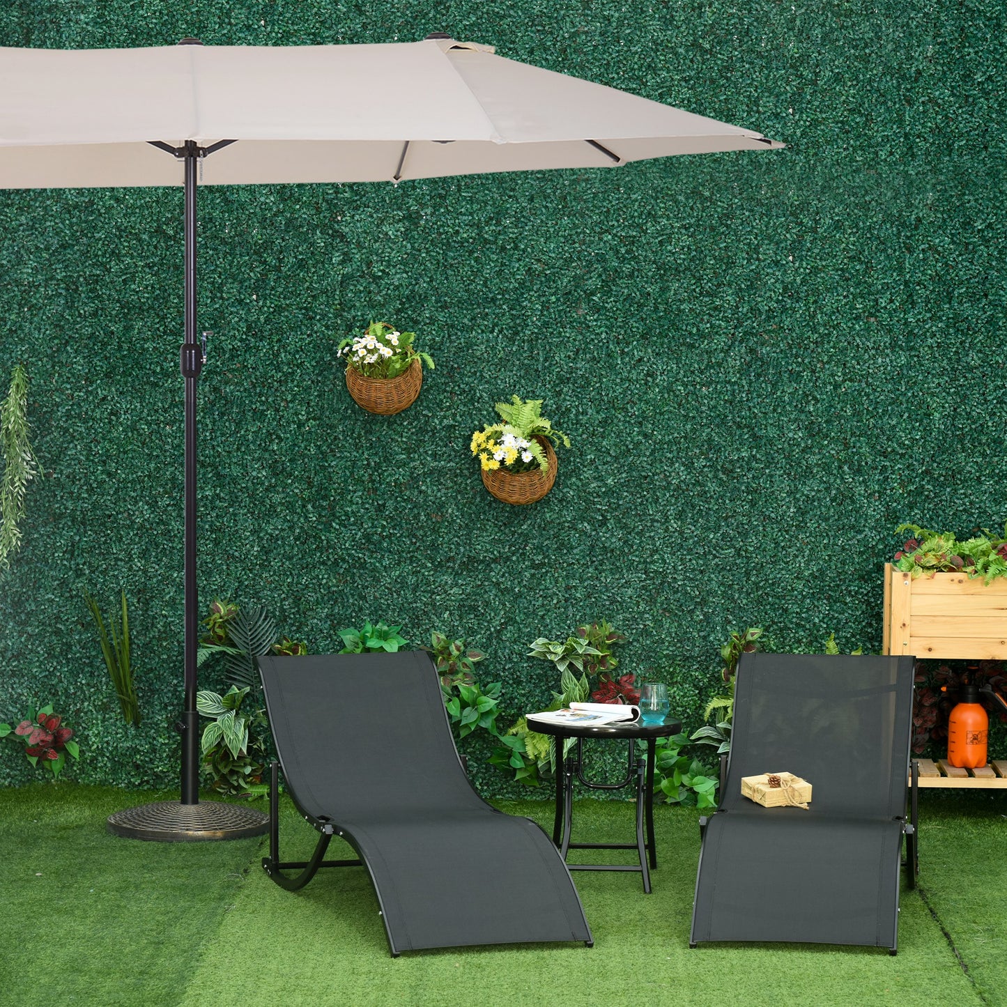 Outsunny Sombrilla Y 2 Tumbonas 4,55x2,65x2,38 M 165x61x63 Cm Beige Y Negro_1