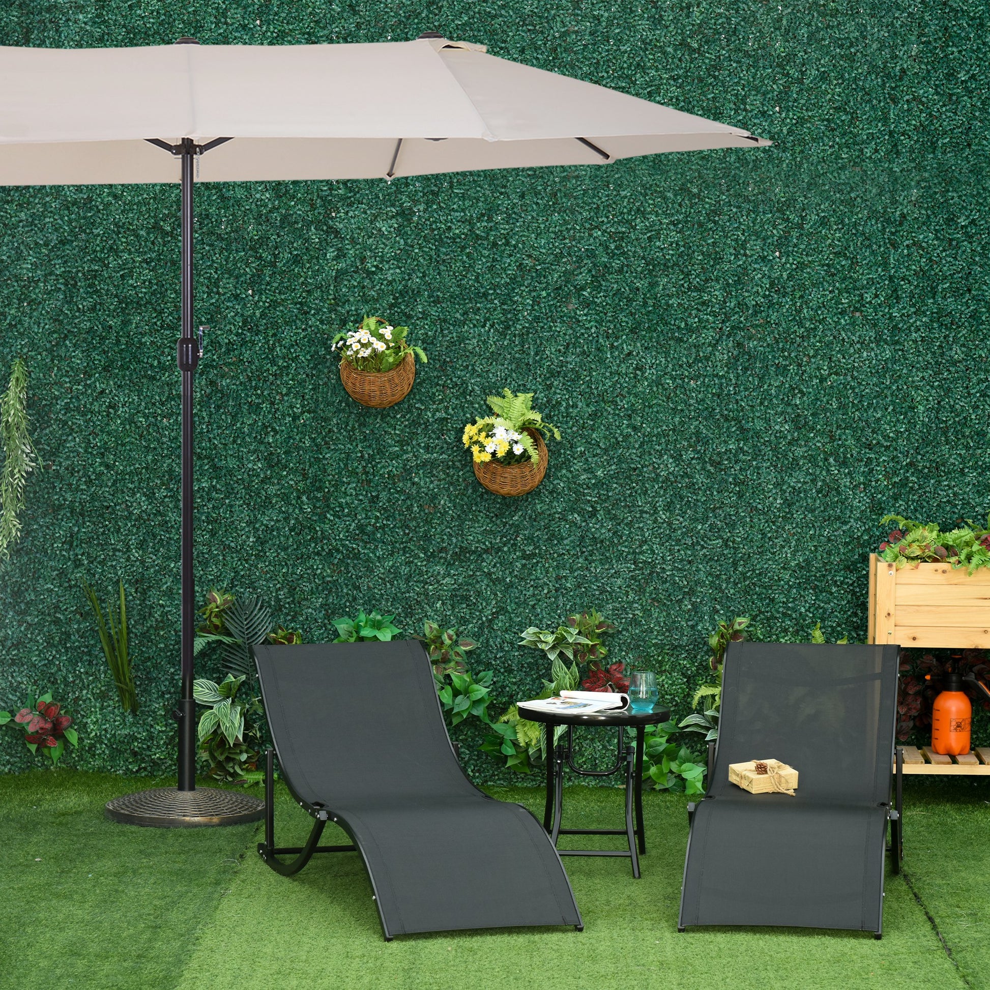 Outsunny Sombrilla Y 2 Tumbonas 4,55x2,65x2,38 M 165x61x63 Cm Beige Y Negro_1