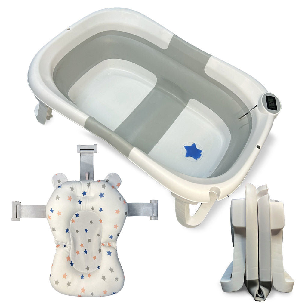 Bañera Bebé Plegable Con Termómetro, Cojín Antideslizante, Patas Antideslizantes, Gris Oasis Bathby_1