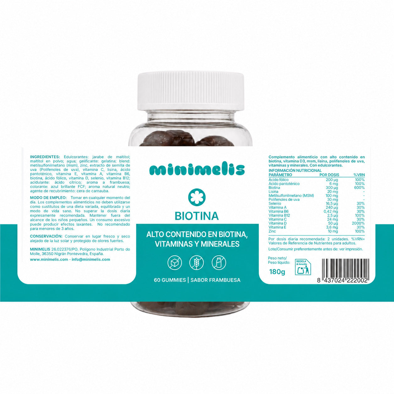 Gominolas Con Biotina Para Mejorar El Cabello Y Uñas Sabor Frambuesa 60 Unidades_2