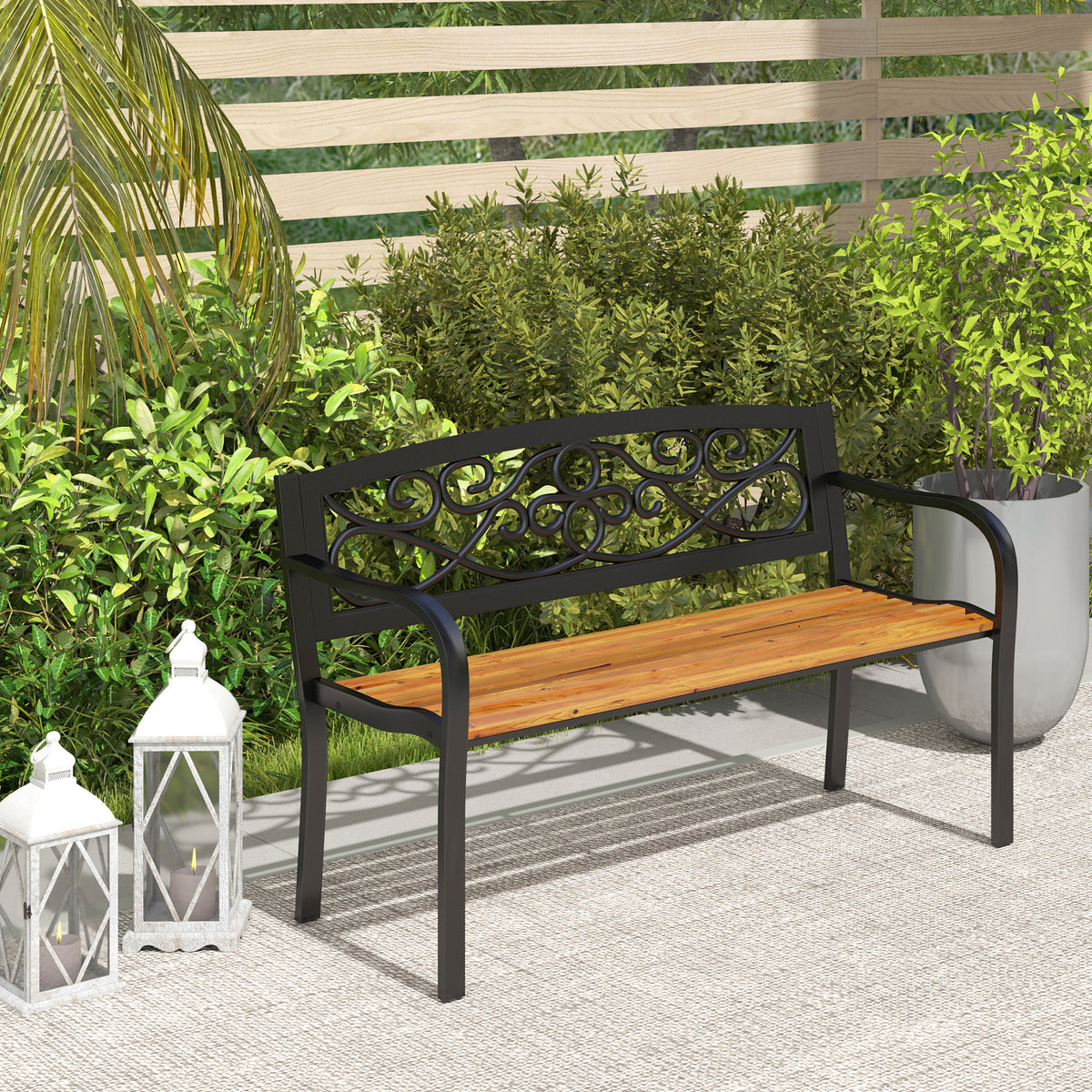 Banco De Jardín Outsunny Acero, Madera De Pino Negro 127x56x80 Cm_4