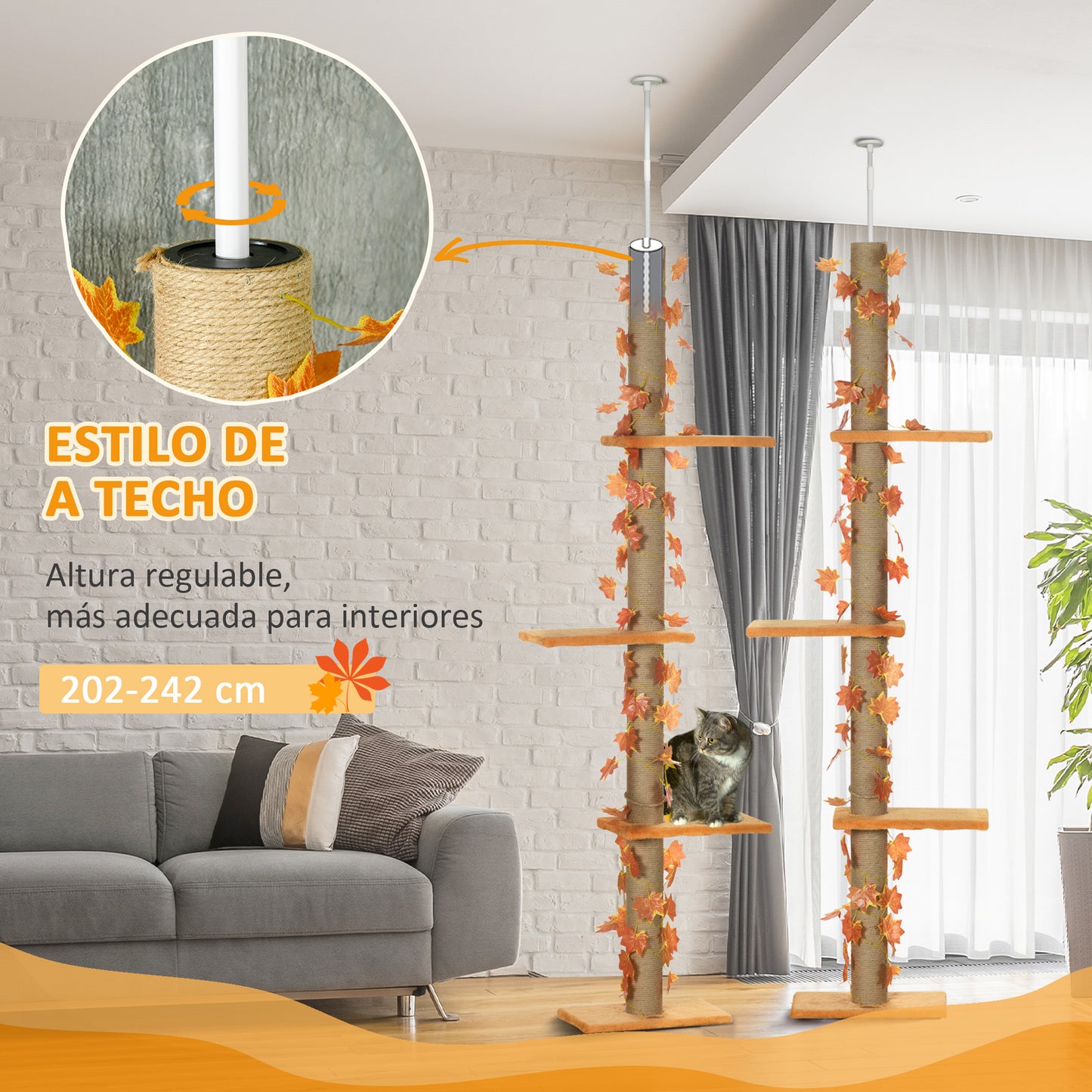 Pawhut Árbol Para Gatos De Suelo A Techo De 202-242 Cm Con 3 Plataformas Naranja_4